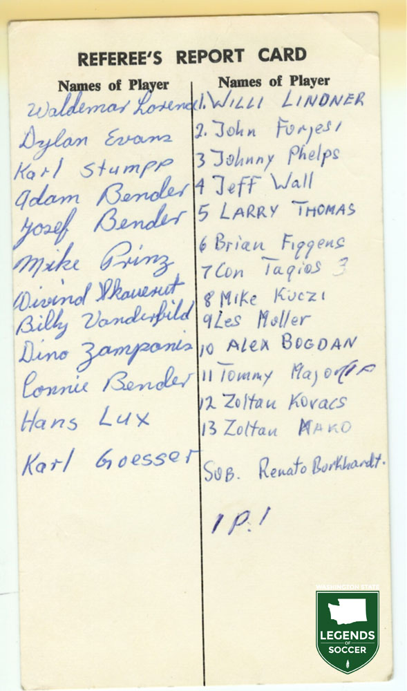 Referee lineup card for Hungarians-Orange County U.S. Challenge Cup tie at West Seattle. (Courtesy Craggs Family)