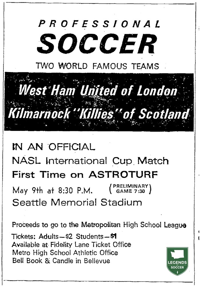 Advertisement promoting the West Ham-Kilmarnock contest, the first match to be played on artificial turf. (Courtesy Seattle Times)