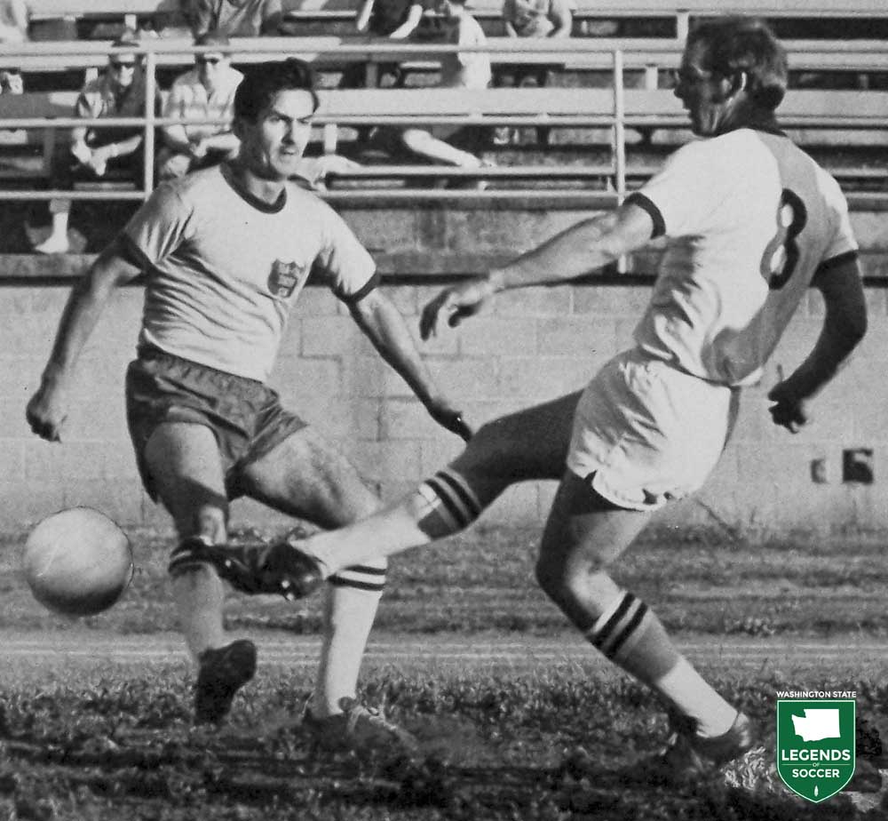 Danny Boyd (l) of SeaTac SC and John Milner of Vancouver Spartans at West Seattle Stadium. (Courtesy Seattle-Post Intelligencer)