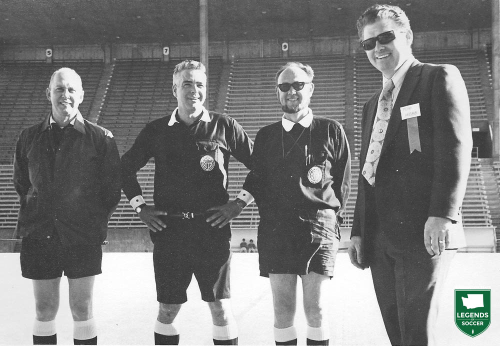 Tom Webb, state youth president, poses with match officials for the 1971 state cups. (Courtesy WYS archives)
