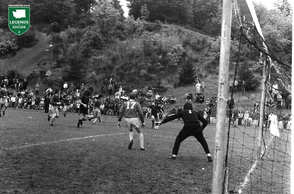 Seattle Pacific (all dark) moved most home games to nearby Queen Anne Bowl in 1973, with fans sitting on the south bulkhead or the slope above. (Courtesy Seattle Pacific University)