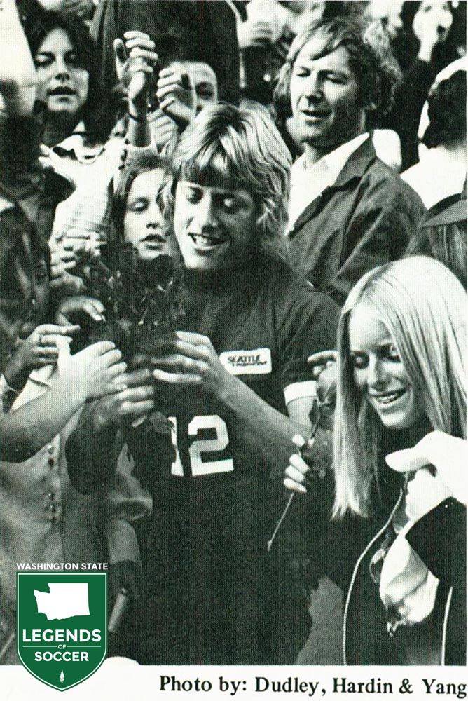 Alan Stephens and the rest of the Sounders distributed roses to female fans at the final 1974 home game. (Courtesy NASL Jerseys)