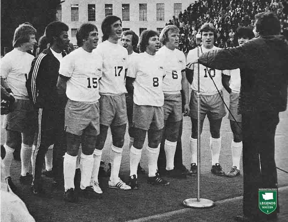 Sounders players gather to sing the Star Spangled Banner before the 1975 home opener.