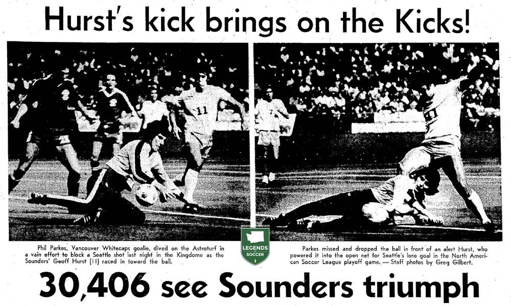 Geoff Hurst scores to give Seattle its first NASL playoff win, 1-0 over Vancouver. (Courtesy Seattle Times)