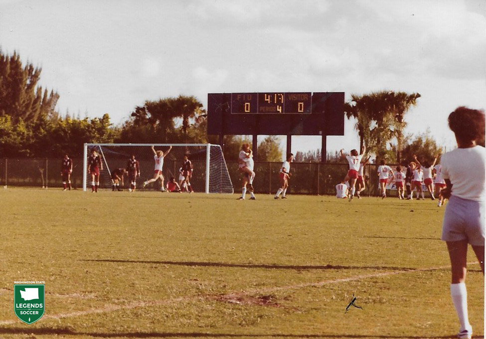 The scene in Miami, just seconds after Bruce Raney's golden goal gives Seattle Pacific its first NCAA championship, 1-0 over Alabama A&M. (Seattle Pacific archives)