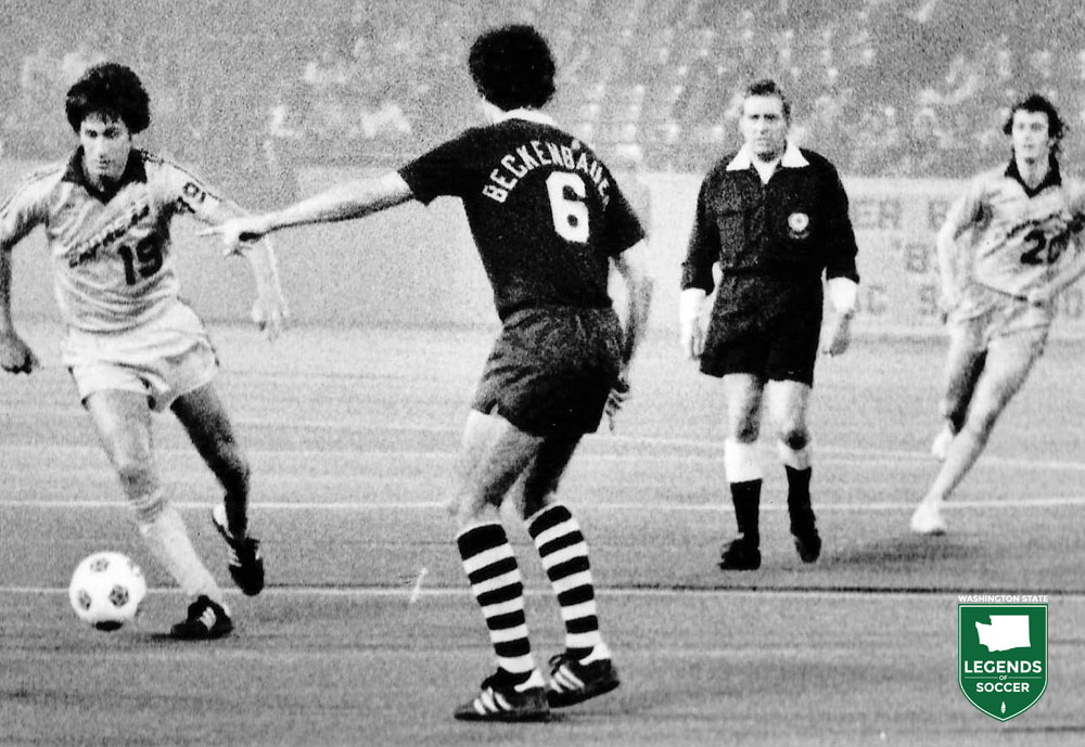 Tacoma's Danny Vaughn veers from the Cosmos' Franz Beckenbauer while England international and Detroit teammate Trevor Francis looks on. (Courtesy Dan Vaughn)