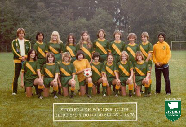 Shorelake's Herfy's Thunderbirds, featuring Michelle Akers, back row, third from right. (Courtesy Michelle Akers)