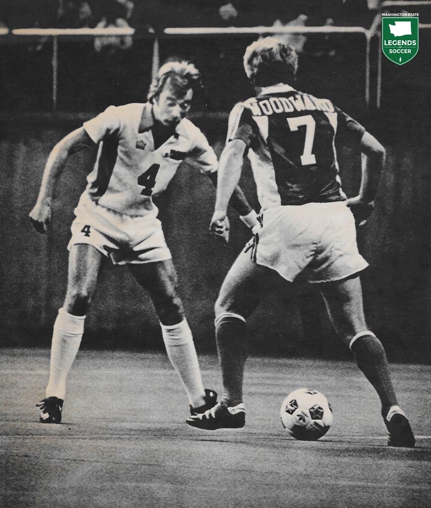 In his debut match, Alan Hudson of the Sounders defends Tulsa's Alan Woodward. (Frank MacDonald Collection