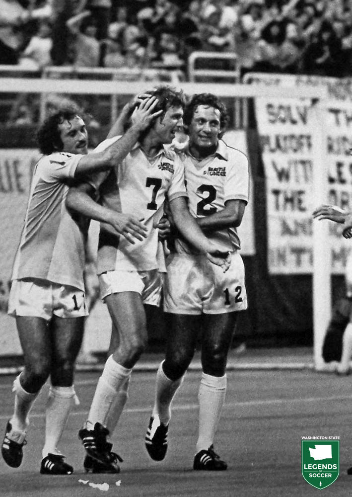 Sounders forward Bruce Miller (center) is congratulated by Paul Crossley (left) and Micky Cave after scoring vs. San Jose. (Frank MacDonald Collection)