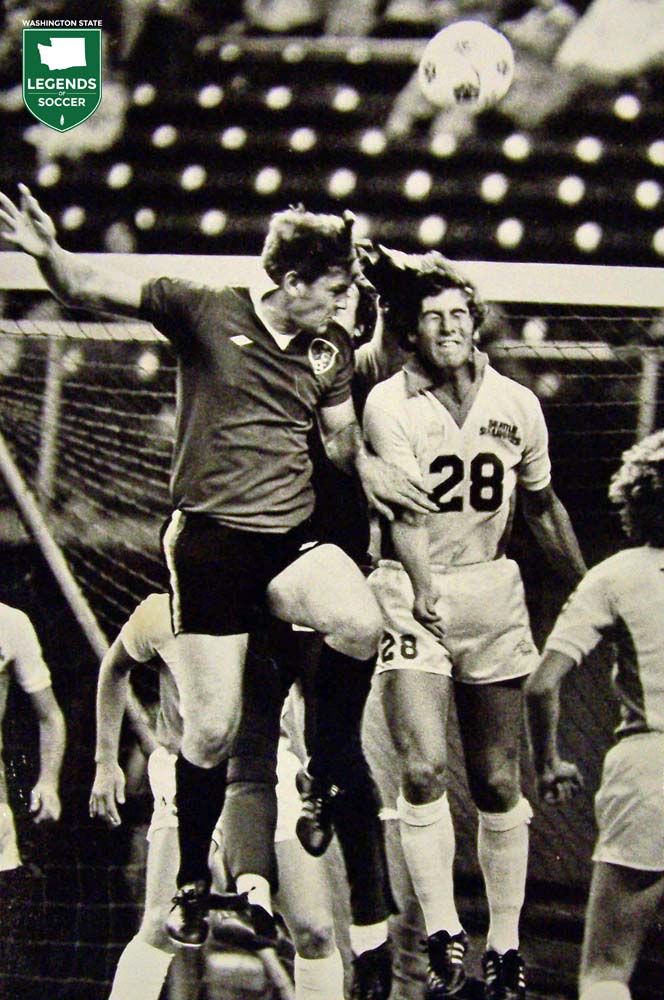 Jeff Stock vies for a high ball in the Sounders' exhibition vs. Bristol City. (Frank MacDonald Collection)