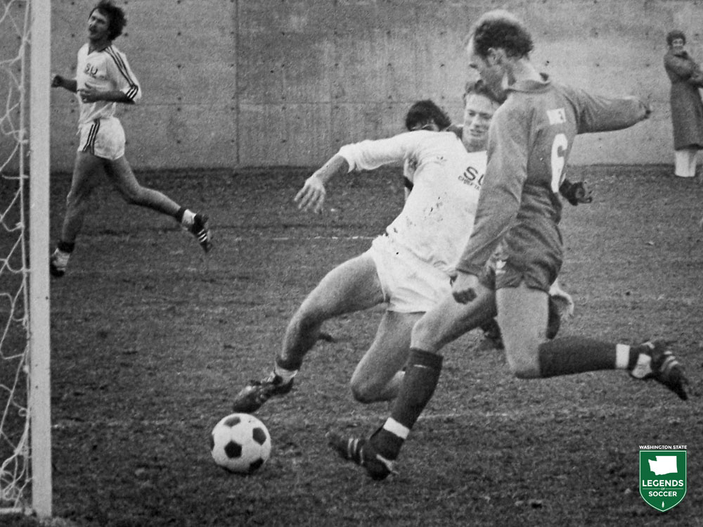 Seattle Pacific's Bruce Raney is shown vs. Seattle University, coached by his father, Pat, in 1981. (Courtesy SPU archives)