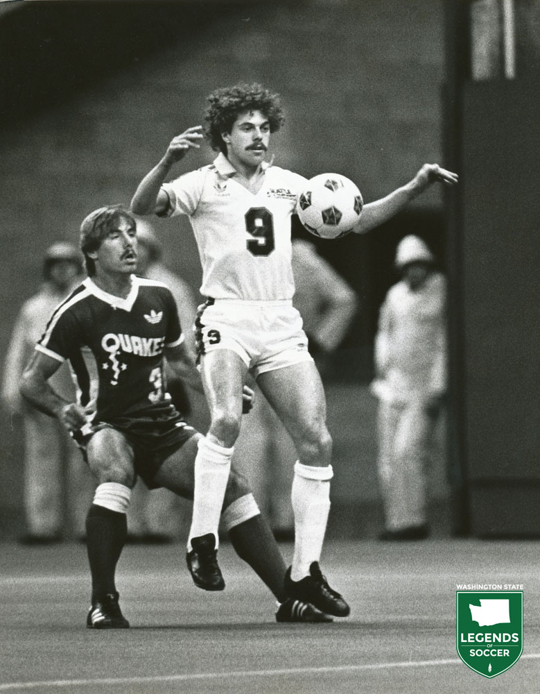 Sounders forward Peter Ward, NASL MVP, protects the ball from San Jose's Mike Hunter. (Frank MacDonald Collection)