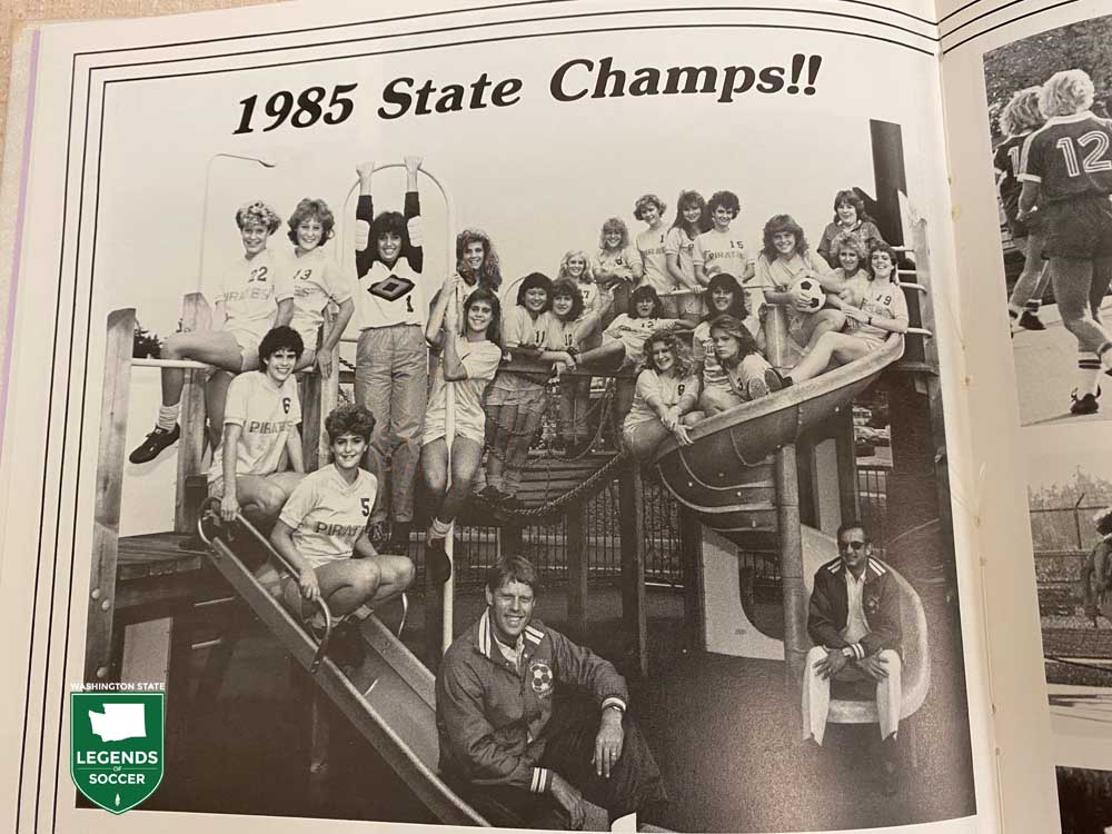 Highline won a protracted 1985 state 3A girls' tournament, finishing 16-0-1. Snowfall twice postponed the semifinals and eventually forced the final indoors to the Tacoma Dome. (Courtesy Highline High School)