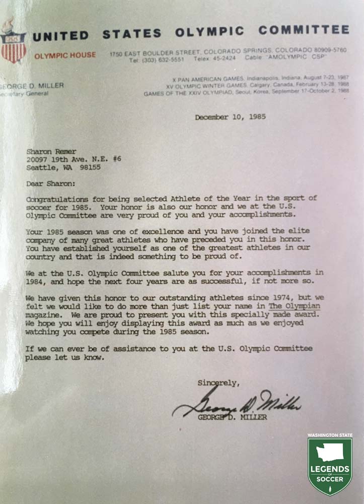 Sharon Remer (nee McMurtry) received this letter  notifying her that she had been named the first U.S. Player of the Year in 1985. (Courtesy Sharon McMurtry)
