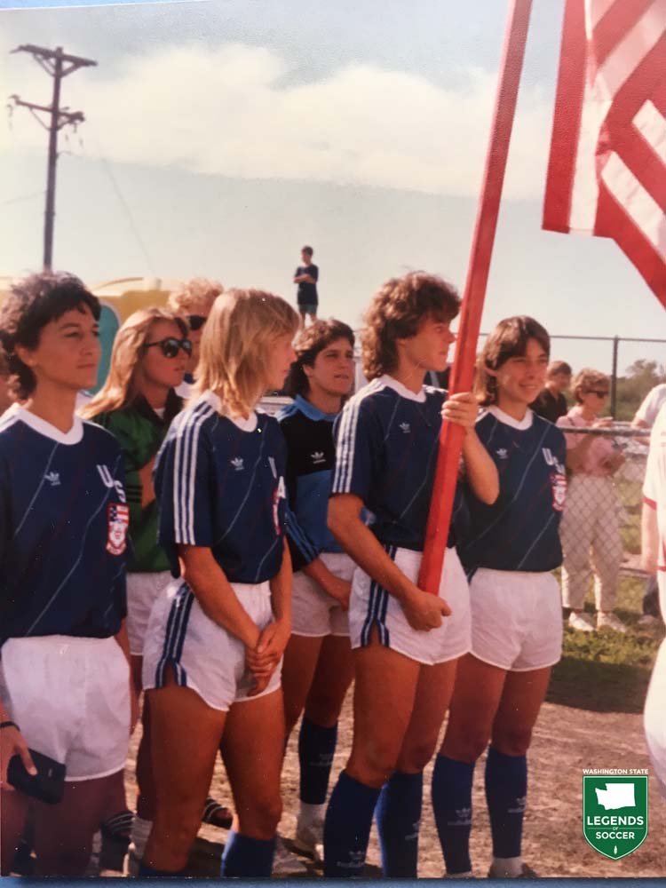 Sharon McMurtry, bearing the flag, was chosen as U.S. National Team captain for the 1986 North America Cup, a series vs. Canada in Blaine, Minnesota. To the left of McMurtry are Joan Dunlap and Gretchen Gegg, and to her right is Lori Henry. (Courtesy Sharon McMurtry)
Ann (?), Kim Wyant, Joanie Dunlap, Gretchen (Zigante), me, Laurie or Lauren (?).