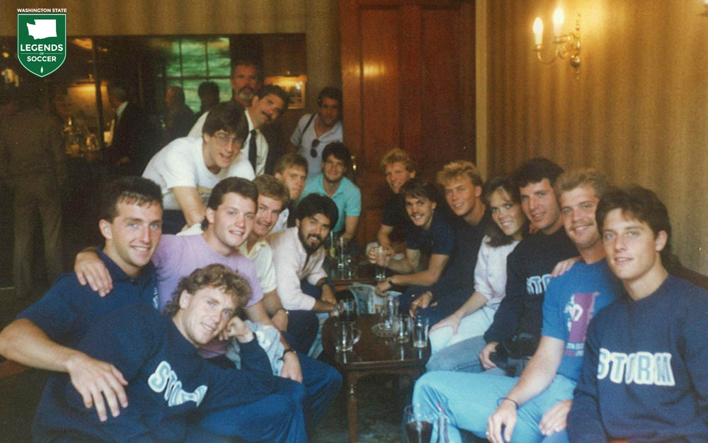 FC Seattle players pose at a pub during their 1987 U.K. tour. (Courtesy John Hamel)