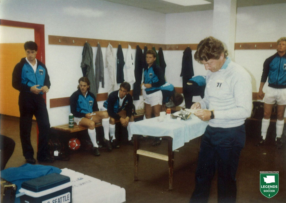 FC Seattle players in the locker room prior to one of their U.K. tour matches. (Courtesy John Hamel)