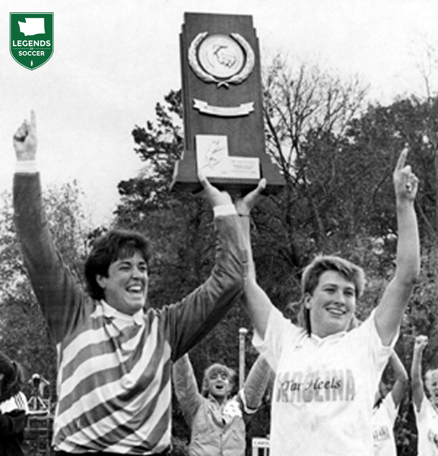 Lori Henry (r), a Hermann trophy finalist,  was captain of North Carolina's sixth national champion in seven years in 1989. (Courtesy North Carolina Athletics)