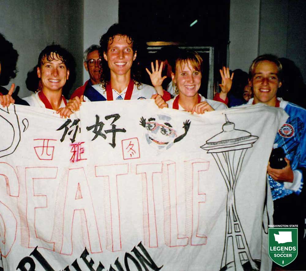 Seattle area natives (from left) Lori Henry, Michelle Akers, Shannon Higgins and Amy Allmann celebrate after winning the World Cup.