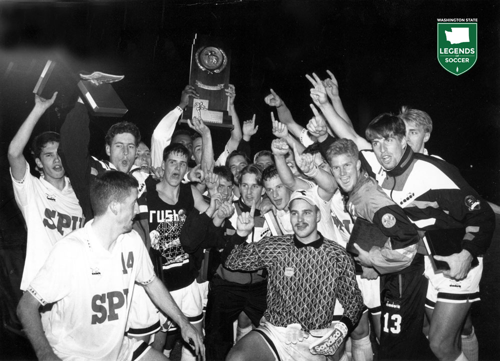 Seattle Pacific raises the NCAA trophy after defeating Southern Connecticut, 1-0, in the NCAA Division II Championship game. (Courtesy Seattle Pacific)
