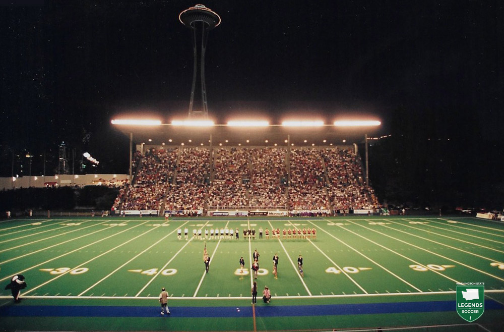 A capacity crowd greets the Sounders and Vancouver for the final 1994 regular season game at Memorial Stadium.