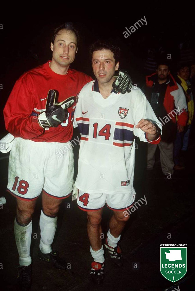 Kasey Keller (left) and Preki after starring in the United States' upset of Brazil in the 1998 Gold Cup.