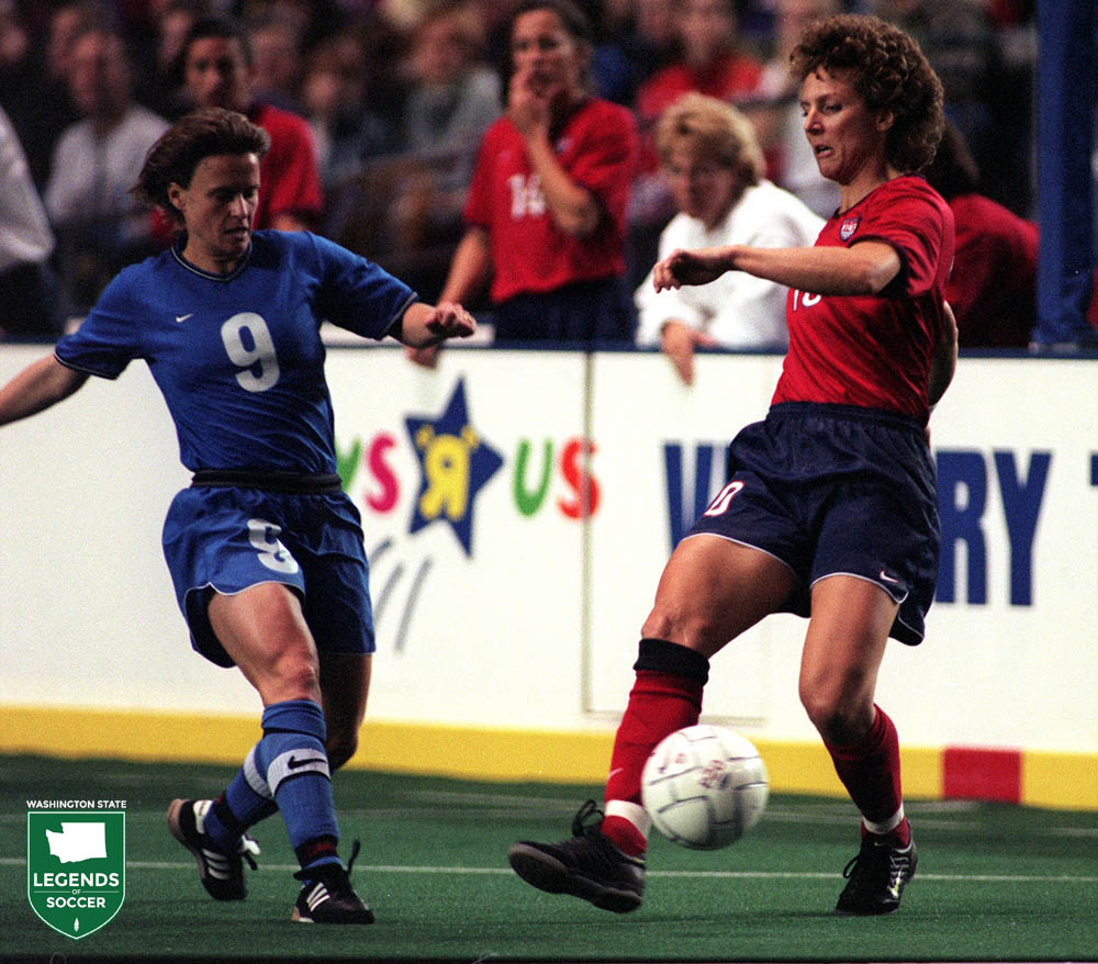 As a returning hometown hero, Michelle Akers was the big attraction for the 14,000 attending the U.S. National Team vs. World All-Stars in Tacoma. (Courtesy Harley Soltes/Seattle Times)