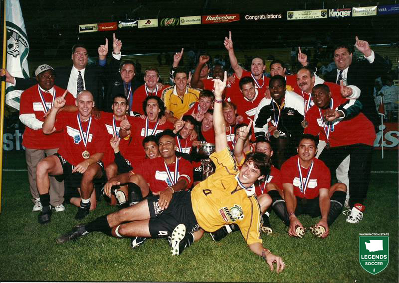 Burien's Nate Daligcon (far left, front group) was a starter for Rochester in the A-League Ragin' Rhinos' upset of MLS Columbus Crew in the 1999 U.S. Open Cup final. (Courtesy USL)
