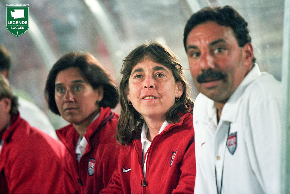 Former Pacific Lutheran head coach Colleen Hacker (far left) was a member of the U.S. National Team's coaching staff for the 1999 World Cup. Assistant coach Lauren Gregg and head coach Tony DiCicco are to the right. (Courtesy Pam Whitesell/ISI Photos)