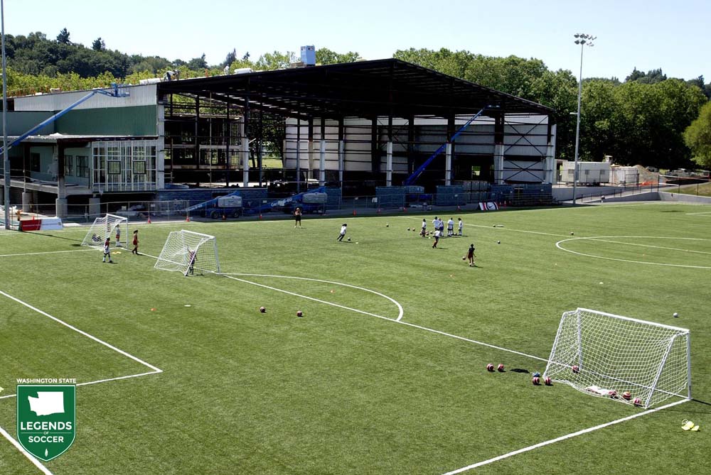 Tukwila's Starfire Sports Complex, shown here as the field house was under construction, opened in 2003. (Courtesy Deacon Corp.)