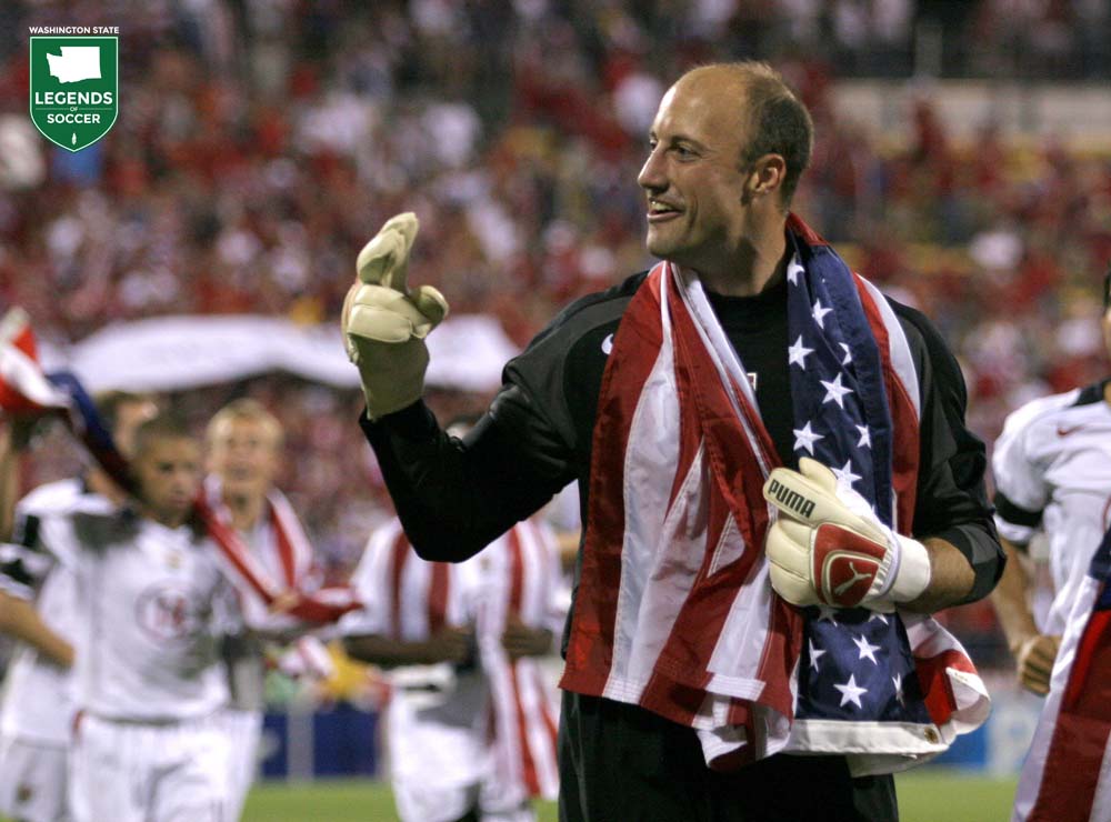 Kasey Keller is all smiles follow a U.S. 2-0 shutout of Mexico at Columbus, clinching a berth in the 2006 World Cup. (Courtesy John Todd / ISI Photos)