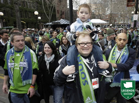 Sounders FC owner Drew Carey amongst the supporters and fans for the inaugural March to the Match. (Sounders FC photo)