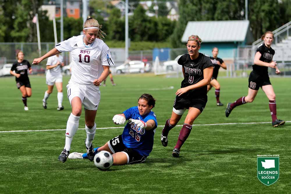 Seattle Pacific's Jocelyn Charette rounds the Chico State keeper in an NCAA Division II tournament game at Interbay Stadium. Charette scored 15 goals in 2009 to make the All-America team. (Courtesy Seattle Pacific Athletics)