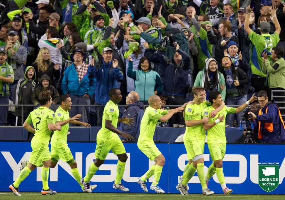 Sounders and fans rejoice after Fredy Montero puts Seattle in front over Chicago in the 78th minute. (Courtesy Stephen Brashear / ISI Photos)