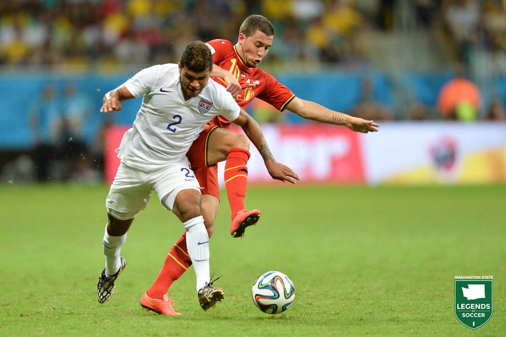 At age 20, Seattle native and Sounders defender DeAndre Yedlin surprised many by earning a spot on the United States 2014 World Cup roster. Yedlin is shown here vs. Belgium in the Round of 16 match at Fonte Nova, Brazil. (Courtesy John Todd / ISI Photos)
