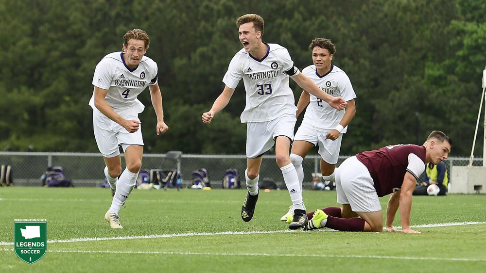 Ryan Sailor (4) and goal scorer Lucas Meek (33) sprint away after the opening goal for Washington in a 2-0 NCAA tournament victory over Missouri State in Cary, N.C. The entire 2020 postseason was played throughout North Carolina in May of 2021. (Courtesy University of Washington Athletics)