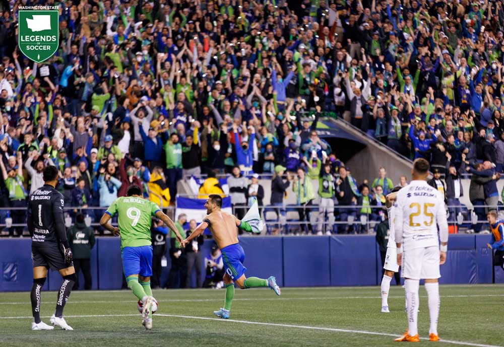 Sounders captain Nicolas Lodeiro celebrates scoring the final goal in Seattle's 3-0 secnd-leg victory over Pumas for the Concacaf Champions League  championship. (Courtesy Lindsey Wasson/Sounders FC)