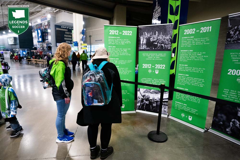 Washington State Legends of Soccer curated a display marking the 50th anniversary of Title IX at Lumen Field on May 16, 2022. (Courtesy Michael Fiechtner/Sounders FC)