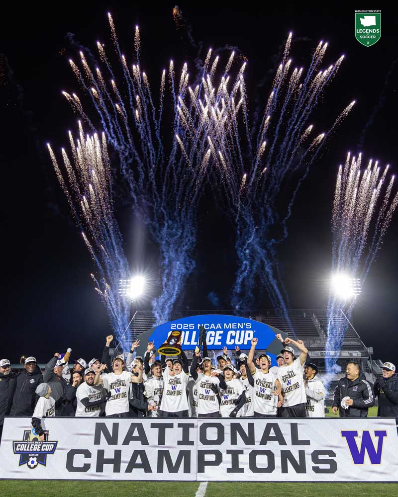 After 64 seasons, fireworks in Cary, N.C., signal the culmination of Washington winning its first NCAA championship and also the first UW men's title in any NCAA sport. (UW Athletics)