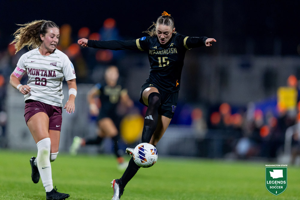 Alex Buck delivered a handful of vital goals in Washington's 2025 postseason run, beginning with a brace at home vs. Montana in a 2-0, NCAA first-round victory. (UW Athletics)