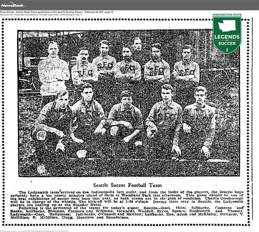 Seattle AFC pictured in February 1907, on the eve of hosting British Columbia cup-holder Ladysmith before 2,000 at Woodland Park. (Courtesy Seattle Times)