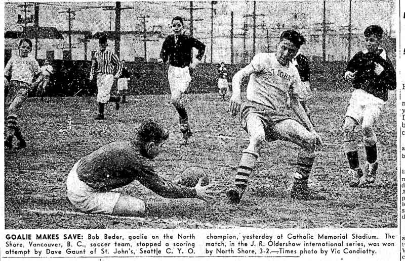 A referee wearing stripes was a common sight during the Fifties, here for Seattle leg of the Jack Oldershaw series for Cascadia youth boys supremacy. (Courtesy Seattle Times)