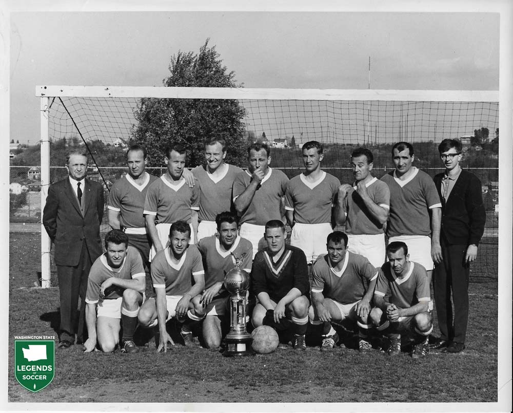 1964-65 Seattle Hungarians posing with the Northest Championship trophy. (Courtesy Willi Lindner)