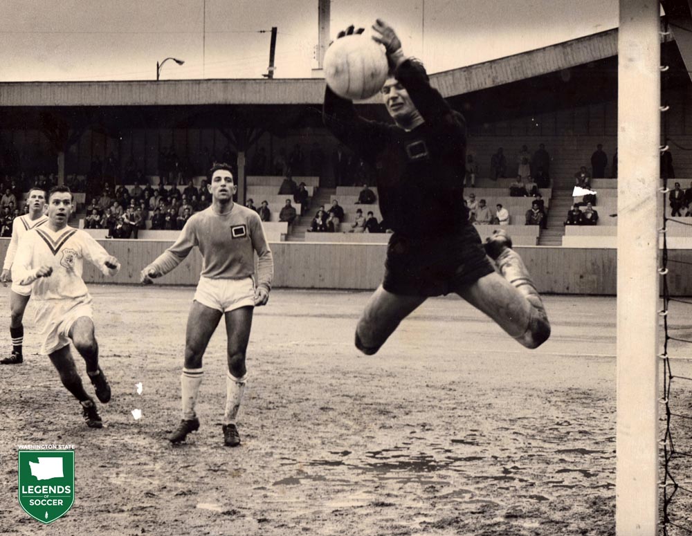 Action from a 1963-64 Pacific Coast League match in Vancouver between Columbus and Seattle Hungarians. (Courtesy Canada Soccer)