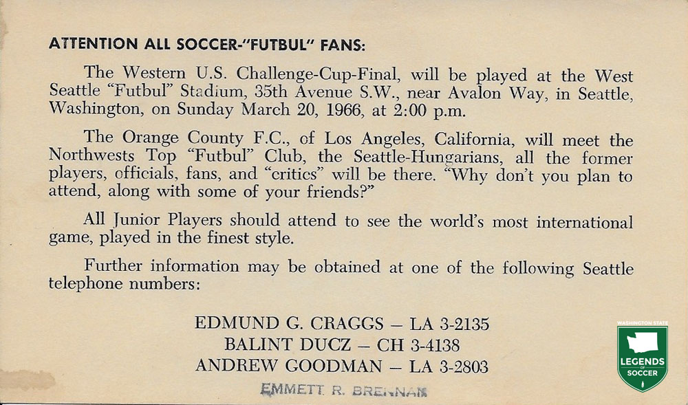 Flyers were distributed throughout Seattle to promote the U.S. Challenge Cup tie between Seattle Hungarians and Orange County. (Courtesy Craggs Family)