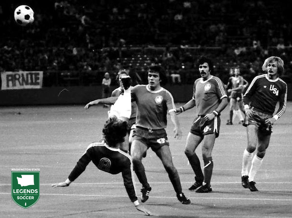 Bob Lenarduzzi of Cananda watches a U.S. clearance in the first FIFA World Cup qualifying match played indoors, at the Kingdome.