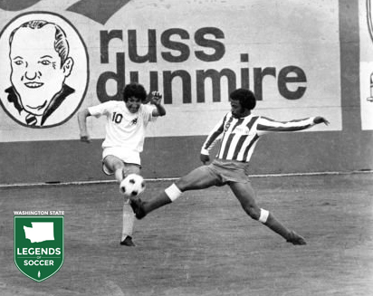 Pepe Fernandez blocks an attempted clearance by a Tacoma Tides opponent. (Shanaman Sports Museum)
