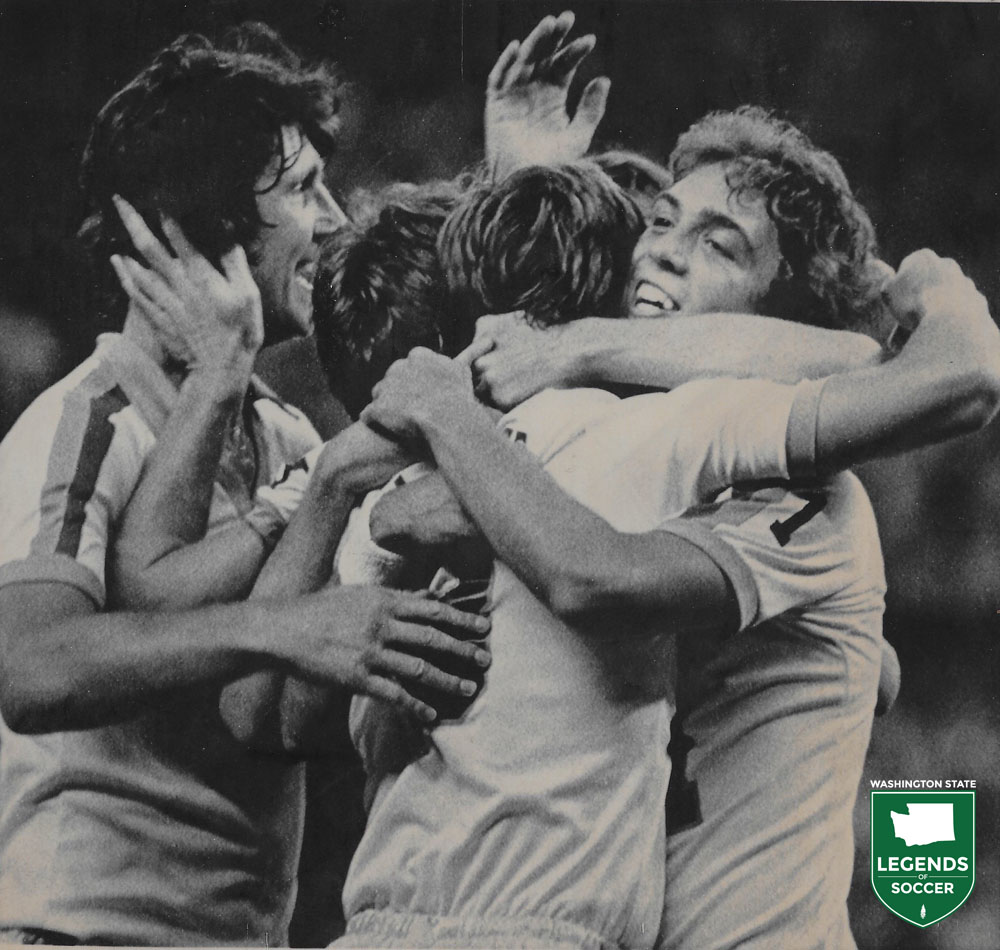 Tacoma rookie Mark Peterson, right, was a key figure in the Sounders' 1980 success. (Frank MacDonald Collection)