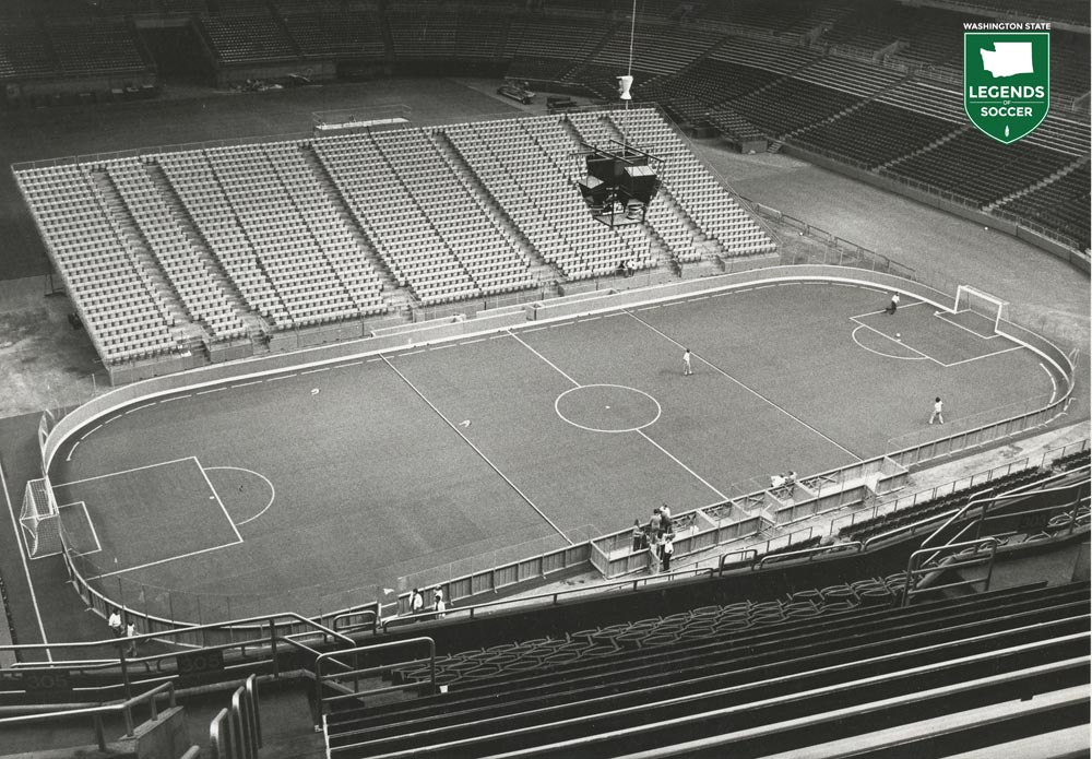 In 1980-81 the Sounders played their first full indoor season, with the Kingdome reconfigured using the Sonics' portable seating and a custom-made rink. (Frank MacDonald Collection)