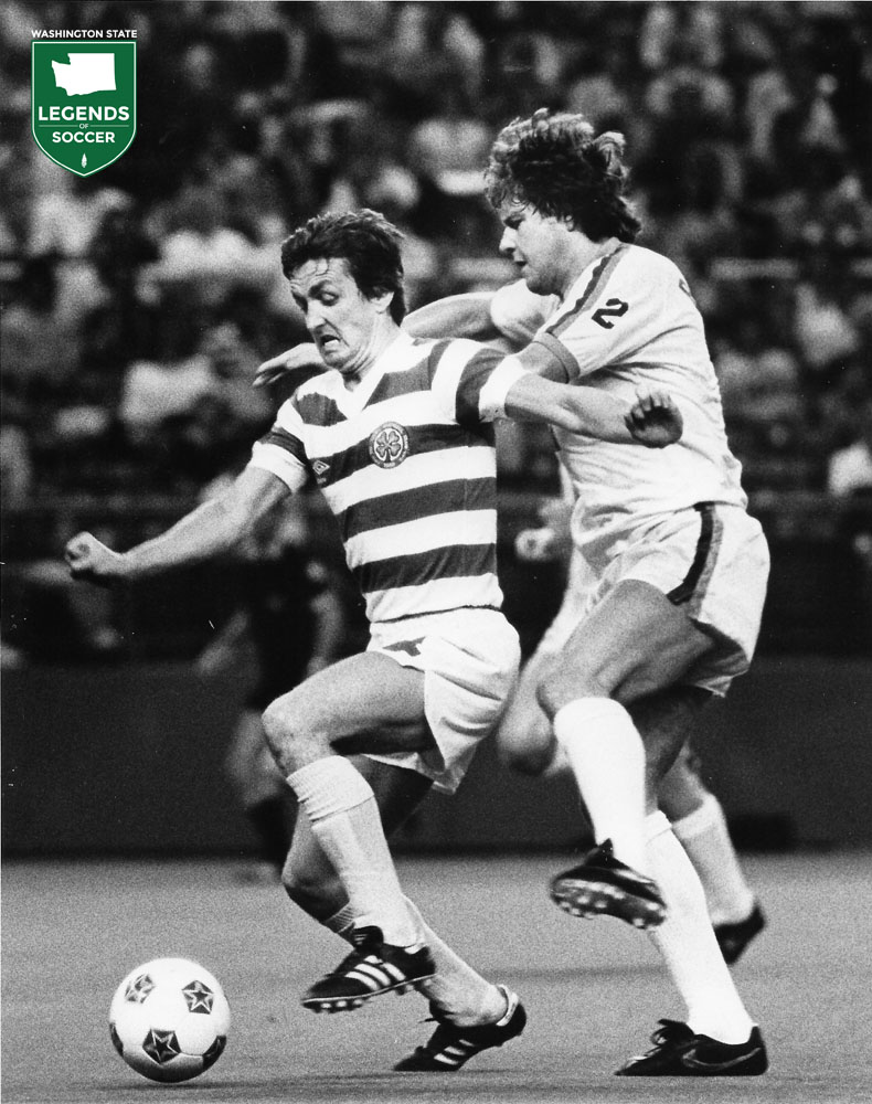 Sounders defender Kevin Bond pressures a Celtic forward during the Trans-Atlantic Challenge Cup. (Courtesy Joanie Komura/Frank MacDonald Collection)